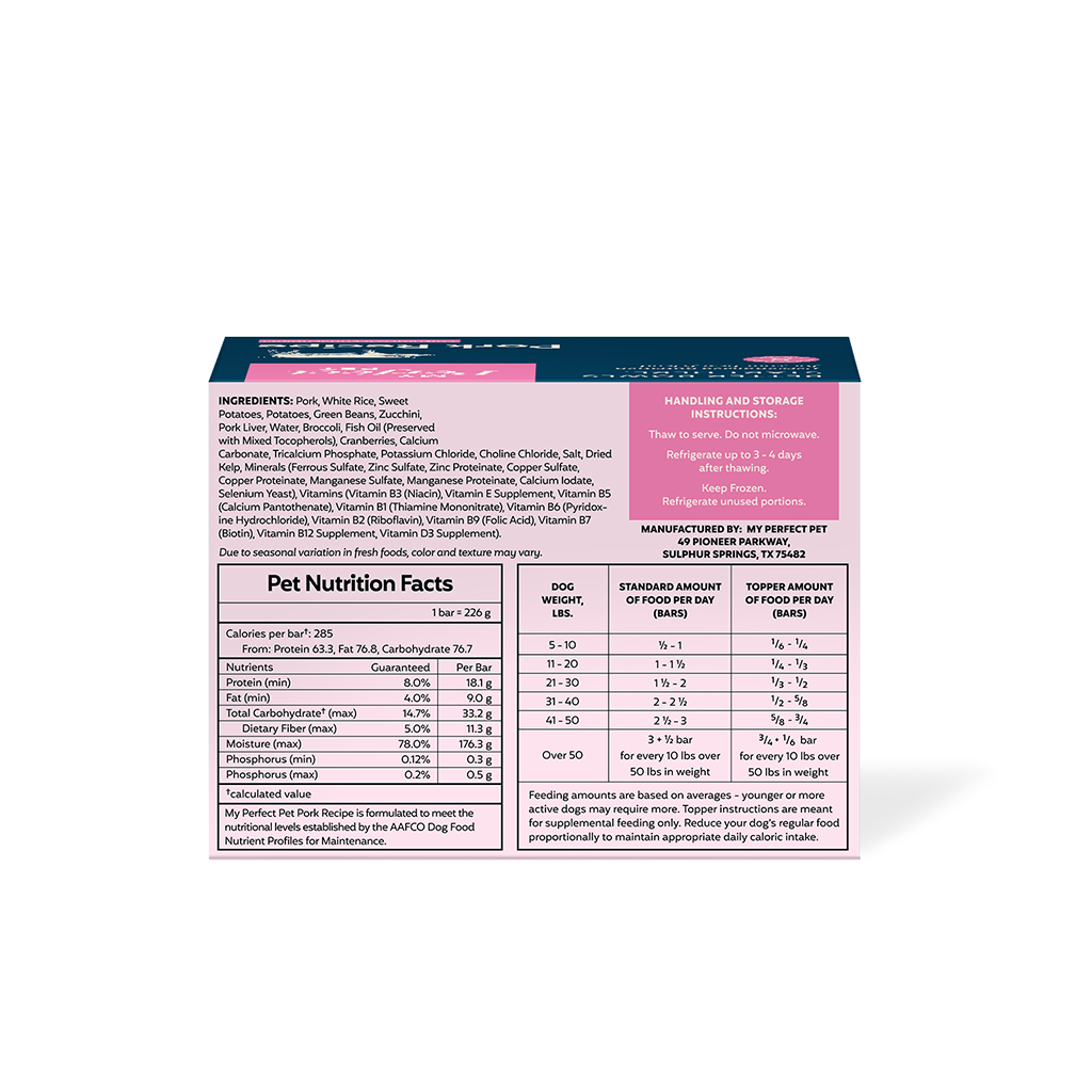 FROZEN My Perfect Pet Low Phosphorus Pork Gently Cooked Dog Food (8-pack), 4-lb image number null