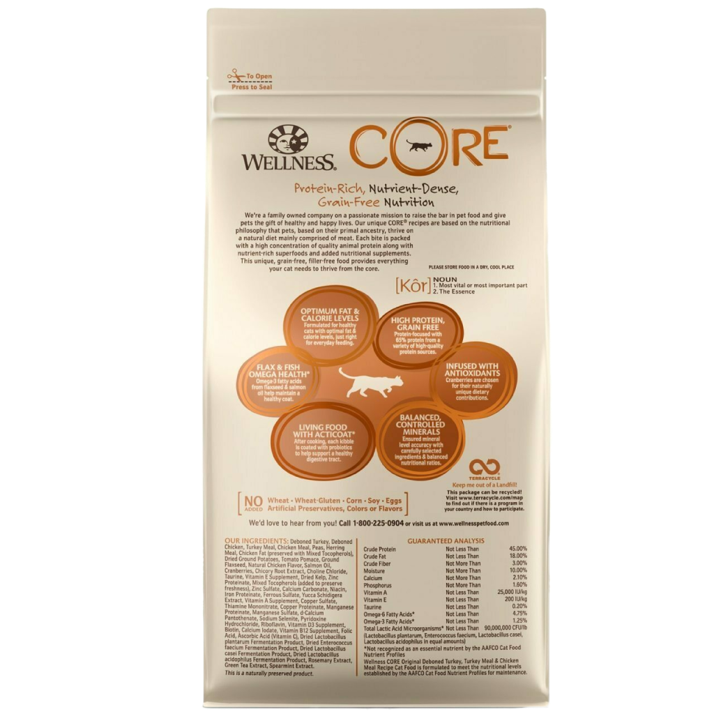 Wellness Core Natural Grain Free Dry Cat Food, Original Deboned Turkey & Chicken Recipe image number null